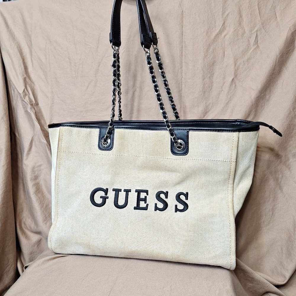 Vintage Guess Canvas Tote w Chain Handles 90s Retro Large Y2K Black Trim Metal - Picture 2 of 16